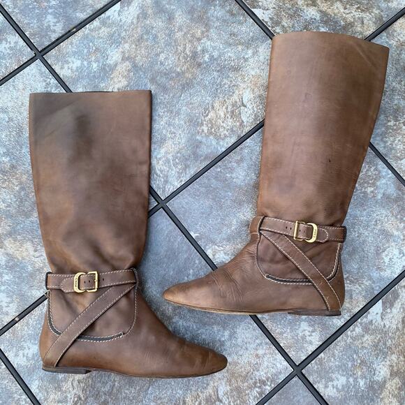 Chloe Light Brown Knee High Leather Riding Boots Mid Calf EU 37/7 Buckle - Picture 7 of 9